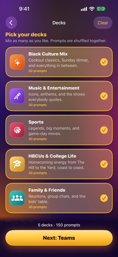 Deck picker showing the five included decks