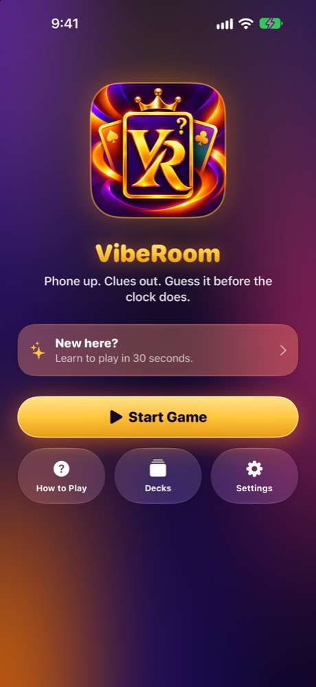 VibeRoom home screen with the Start Game button
