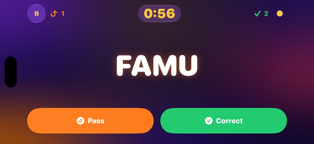 Gameplay: the prompt FAMU with a countdown timer and Pass and Correct buttons